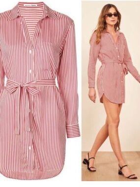Reformation Jeans Striped Button-Down Shirt Dress in Red and White